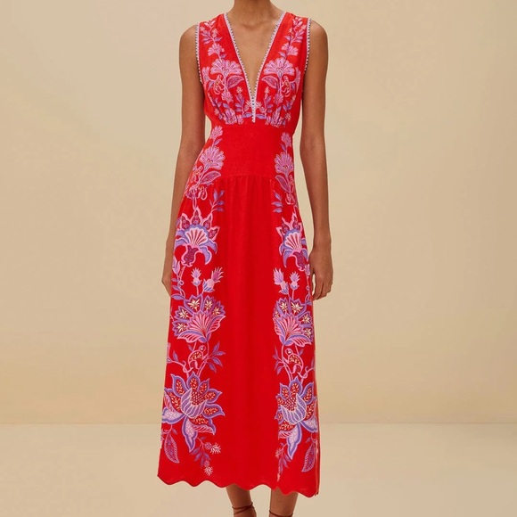 NWT Farm Rio Porcelain Garden Red Linen Dress
